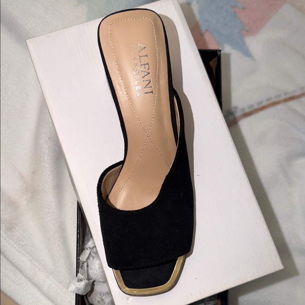 Alfani Black Suede Open-Toe Wedge Mule with Gold Accent - Picture 3 of 7